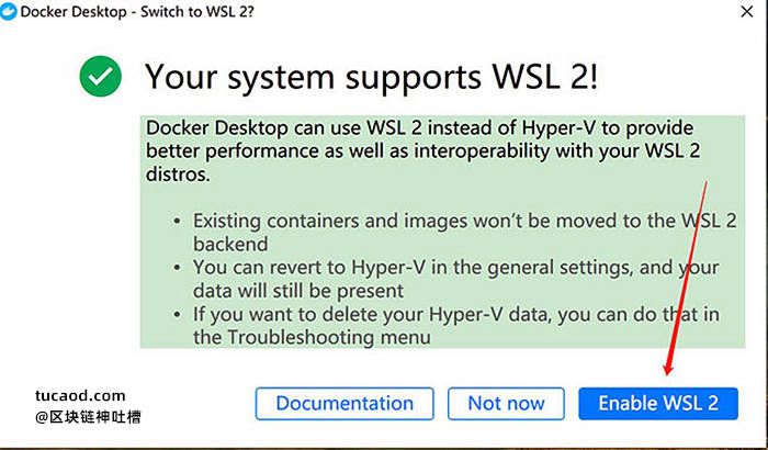 wsl2 按正常方式打开Docker,按照系统提示操作即可@pi币节点